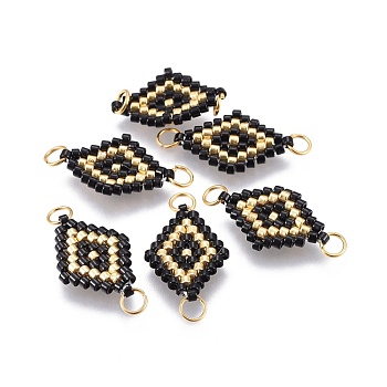 MIYUKI & TOHO Handmade Japanese Seed Beads Links, with Brass Jump Ring, Loom Pattern, Rhombus, Light Khaki, 18x12~12.5x1.8mm, Hole: 2.5mm, 1.8mm thick.