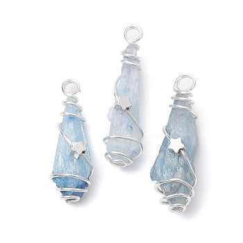 Electroplated Natural Quartz Crystal Dyed Copper Wire Wrapped Pendants, Teardrop Charms with Brass Star, Silver Color Plated, Sky Blue, 27~37x7~13x6.5~10.5mm, Hole: 3.5mm