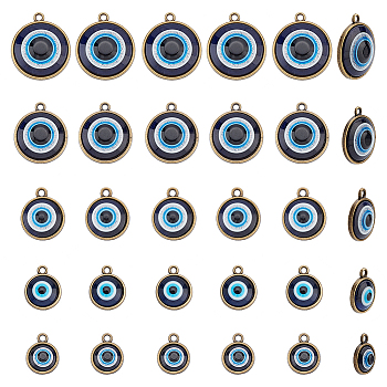 30Pcs 5 Style Plastic Pendants, with Alloy Findings, Flat Round with Evil Eye, Antique Bronze, 16~24x12.5~22.5x4.5~5.5mm, Hole: 1.8~2mm, 6pcs/style