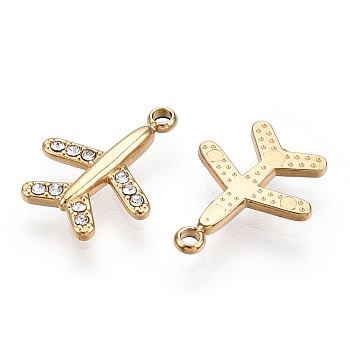 304 Stainless Steel Charms, Manual Polishing, with Rhinestone, Airplane Charm, Real 14K Gold Plated, 14x11x2mm, Hole: 1.4mm