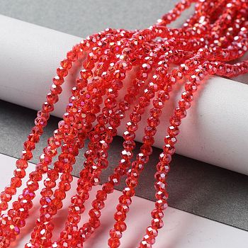 Electroplate Glass Beads Strands, AB Color Plated, Faceted Rondelle, Red, 3x2mm, Hole: 0.5mm, about 145~150pcs/strand, 34~35cm