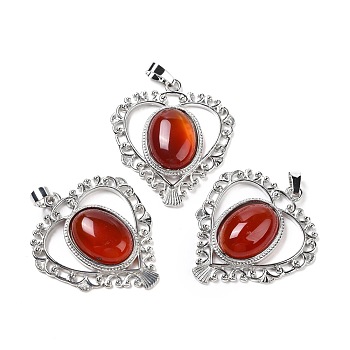 Natural Red Agate Pendants, Dyed & Heated, Eco-Friendly Brass Finding, Platinum, Cadmium Free & Lead Free, Heart, 38.5x34.5x7.5mm, Hole: 7x5mm