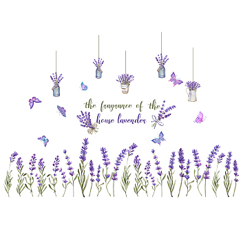 PVC Wall Stickers, for Wall Decoration, Butterfly Lavender Flower Pattern & Word the frangrance of the, Lilac, 390x900mm, 2sheets/set