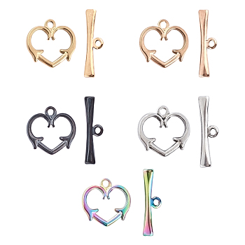 Unicraftale Vacuum Plating 304 Stainless Steel Toggle Clasps, Heart, Mixed Color, Heart: 15x15.5x2mm, Hole: 1.6mm, Bar: 21x6x2.5mm, Hole: 1.5mm, 5 colors, 1set/color, 5sets/box