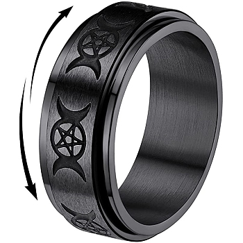 Triple Moon Goddess Stainless Steel Rotating Finger Ring, Fidget Spinner Ring for Calming Worry Meditation, Black, US Size 9(18.9mm)
