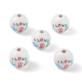 Printed Natural Wood European Beads, Large Hole Bead, Round with Palm, Colorful, 19mm, Hole: 4.5mm