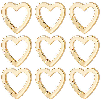 10Pcs Brass Spring Gate Rings, Heart, Real 18K Gold Plated, 16x16x2mm, Inner Diameter: 9mm