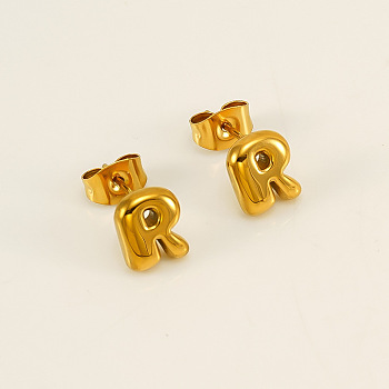 Chunk Letter 304 Stainless Steel Stud Earrings for Women, Real 18K Gold Plated, Letter R, 7.5~8.5x5~10.5mm