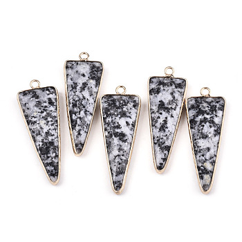 Natural Sesame Jasper Pointed Pendants, with Light Gold Plated Brass Edge and Loop, Triangle, Faceted, 45.5x16.5x6~7mm, Hole: 2.5mm