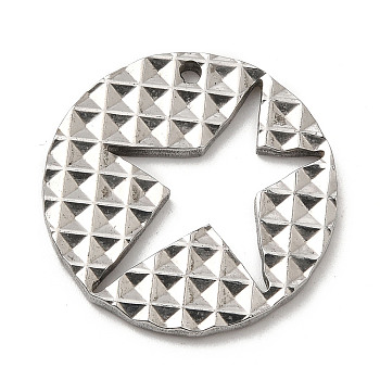 304 Stainless Steel Pendants, Flat Round with Star Charm, Stainless Steel Color, 27x2mm, Hole: 1.6mm