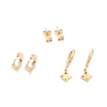 3 Pairs 3 Style Enamel Rhombus with Star Dangle Hoop Earrings, Ion Plating(IP) 304 Stainless Stud Earrings for Women, Golden, 7~26mm, Pin: 1mm, 1 Pair/style