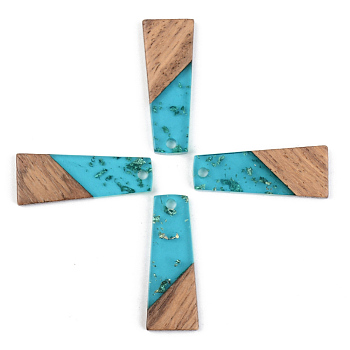 Transparent Resin & Walnut Wood Pendants, with Gold Foil, Trapezoid, Dark Turquoise, 30x12x3mm, Hole: 2mm