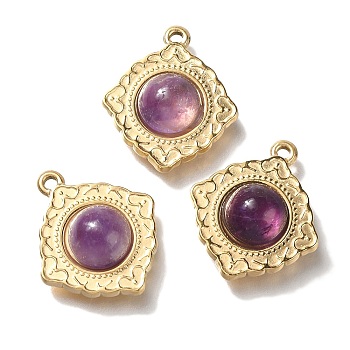 Natural Amethyst Pendants, Ion Plating(IP) 304 Stainless Steel Rhombus Charms, Real 18K Gold Plated, 20x18x6mm, Hole: 1.5mm