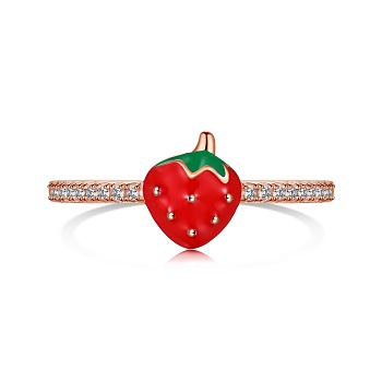 Enamel Strawberry Finger Rings, 925 Sterling Silver with Cubic Zirconia Ring for Women, Rose Gold, US Size 7(17.3mm)