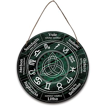 Wood Witch Calendar Hanging Wall Decorations, with Jute Twine, Flat Round with Constellation Pattern, 300x5mm