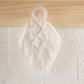Cotton Rope Macrame Woven Tapestry Wall Hanging, Boho Style Hanging Ornament with Wood Ring Holder, for Home Decoration, Floral White, 170mm