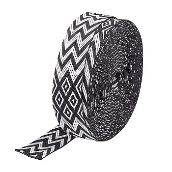 10 Yards Double Face Rhombus Print Flat Polypropylene Ribbon, Jacquard Ribbon, Garment Accessories, Black, 1-1/2 inch(37~38mm)