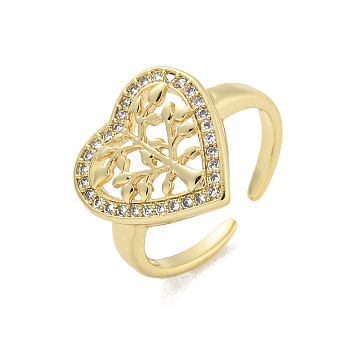 Rack Plated Brass Micro Pave Clear Cubic Zirconia Heart with Tree Open Cuff Ring for Women, Lead Free & Cadmium Free, Long-Lasting Plated, Real 18K Gold Plated, 14.5x14.5mm