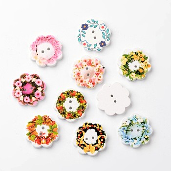 Flower 2-Hole Wooden Buttons, Mixed Color, 19x3mm, Hole: 1mm