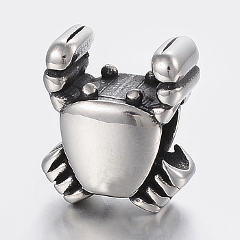 304 Stainless Steel Beads, Large Hole Beads, Crab, Antique Silver, 15x13x9.5mm, Hole: 6mm