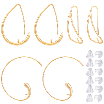 6pcs 3 styles Brass Earring Hooks, For Half Drilled Beads, Long-Lasting Plated, Teardrop & Spiral & Twist Shape, with 20Pcs Plastic Ear Nuts, Real 18K Gold Plated, 34~55x14~55x3~3.5mm, Pin: 0.7~0.9mm, 2Pcs/style