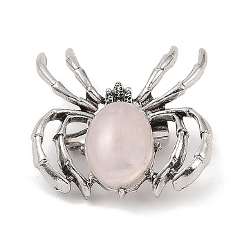 Natural Rose Quartz Brooches, with Alloy Findings, Spider, Antique Silver, 37x34x8mm