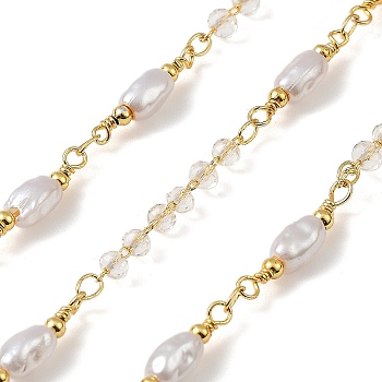 Brass Link Chains, with ABS Imitation Pearl & Quartz Crystal, Unwelded, with Spool, Real 18K Gold Plated, 19x4.5x4mm, about 32.81 Feet(10m)/Roll