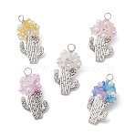 Acrylic Pendants, Cactus, with Tibetan Style Alloy, ABS Plastic Imitation Pearl and Copper Wire, Antique Silver, 29.5x15.5x12mm, Hole: 4mm(PALLOY-JF04670)