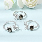 Brass Micro Pave Cubic Zirconia Finger Rings, Rectangle & Bowknot, with Natural Smoky Quartz, Platinum, 17mm(CU-CBA260E-12P)