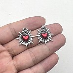 Vintage Tibetan Style Zinc Alloy Pendants, with Resin, Heart, Flame Sacred Heart Symbol Enameled Thorn, Red, 25x23mm(PW-WG0C0EE-01)