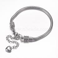 304 Stainless Steel European Round Snake Chains Bracelets, with Lobster Claw Clasp and Heart Charms, Stainless Steel Color, 190x3mm(STAS-J015-04)