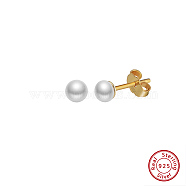 Round Natural Pearl Stud Earrings, 925 Sterling Silver Jewelry for Women, Real 14K Gold Plated, 15.5x6mm(EJEW-G411-03B-G)