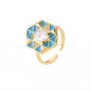 Brass Micro Pave Clear Cubic Zirconia Cuff Rings, Open Rings, with Enamel, Cadmium Free & Nickel Free & Lead Free, Hexagon, Real 16K Gold Plated, Sky Blue, US Size 6, Inner Diameter: 17mm(RJEW-S045-084A-NR)