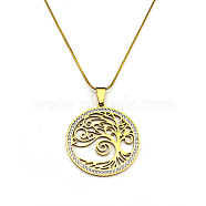 304 Stainless Steel Pendant Necklaces, with Polymer Clay Rhinestones, Flat Round with Tree of Life, Real 18K Gold Plated, 15.87 inch(40.3cm)(NJEW-S007-28G)