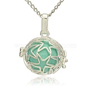 Silver Color Plated Brass Hollow Round Cage Pendants, with No Hole Spray Painted Brass Ball Beads, Medium Turquoise, 23x24x18mm, Hole: 3x8mm(KK-J231-08S)