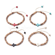 Dyed Synthetic Turquoise Corss & Coconut Disc Braided Bead Bracelet for Women, Mixed Color, Inner Diameter: 2-1/2 inch~3-3/4 inch(6.4~9.5cm)(BJEW-JB09353)