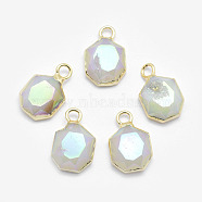 Electroplate Natural Druzy Agate Pendants, with Brass Findings, Faceted, Heptagon, Golden, White, 16x10.5x4.5mm, Hole: 2.5mm(G-I207-12A-G)