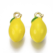 Brass Charms, with Enamel, Lemon, Nickel Free, Real 18K Gold Plated, Gold, 13x7mm, Hole: 1.2mm(KK-S350-169G)