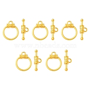Alloy Toggle Clasps, Round Ring Shape with Flower, Matte Gold Color, Ring: 18x15x4mm, Bar: 7x21x4mm, Hole: 2.5mm(FIND-YW0002-21)
