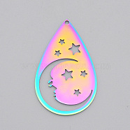 Ion Plating(IP) 201 Stainless Steel Pendants, Laser Cut, Teardrop with Star, Rainbow Color, 37.5x23.5x1mm, Hole: 1.5mm(STAS-S105-LA510)