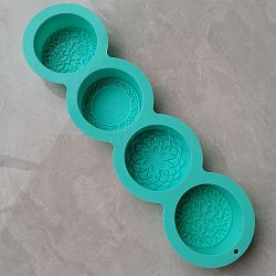 DIY Soap Silicone Molds, for Handmade Soap Making, Flat Round with Floral Pattern, 4 Cavities, Turquoise, 325x91x30mm, Inner Diameter: 68x27mm(SOAP-PW0001-033A)