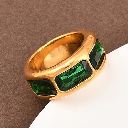 304 Stainless Steel Finger Rings, Hand Polished Rectangle, with Glass, Ion Plating(IP), Real 18K Gold Plated, Real 18K Gold Plated, 9.5mm,US Size 6(16.5mm)(RJEW-D336-12G-01)