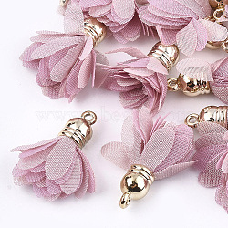 Chiffon Pendants, with CCB Plastic, Two Tone, Flower, Golden, Flamingo, 30~35x25~32mm, Hole: 1.6mm(FIND-S300-04K)