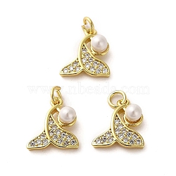 Rack Plating Real 18K Gold Plated Brass Pendants, with Cubic Zirconia and Plastic Imitation Pearl, Long-Lasting Plated, Lead Free & Cadmium Free, Fishtail, Seashell Color, 13x12x5.5mm, Hole: 2mm(KK-B077-05G)