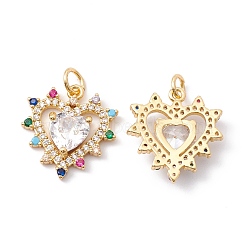 Rack Plating Brass Micro Pave Colorful Cubic Zirconia Pendants, with Jump Ring, Cadmium Free & Nickel Free & Lead Free, Heart, Real 18K Gold Plated, 18x17x4.5mm, Jump Ring: 5x0.8mm, Inner Diameter: 3.4mm(ZIRC-C040-08G)