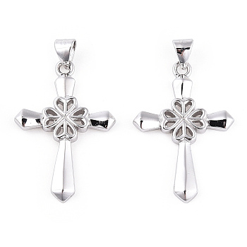 Rhodium Plated 925 Sterling Silver Pendants, Clover Cross with 925 Stamp, Real Platinum Plated, 28.5x19x2mm, Hole: 3x5mm