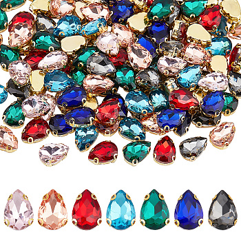 175Pcs 7 Colors Sew on Rhinestone, Transparent Glass, with Iron Prong Settings, Faceted, Teardrop, Mixed Color, 14x10x5mm, Hole: 0.9mm, 25pcs/color