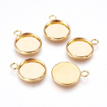 304 Stainless Steel Pendant Cabochon Settings, Plain Edge Bezel Cups, Flat Round, Real 24k Gold Plated, Tray: 12mm, 18x14x2mm, Hole: 2.4mm