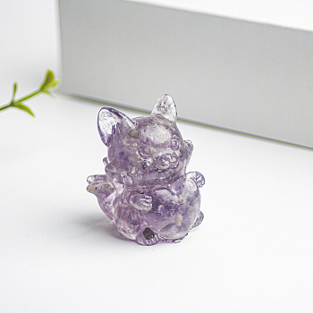 Natural Kunzite Fox Display Decorations, Resin Figurine Home Decoration, for Home Feng Shui Ornament, 35x30x40mm