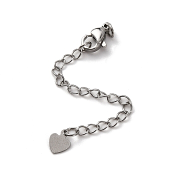 304 Stainless Steel Curb Chain Extender, End Chains with Lobster Claw Clasps and Heart Charms, Stainless Steel Color, 72mm, Hole: 2.5mm